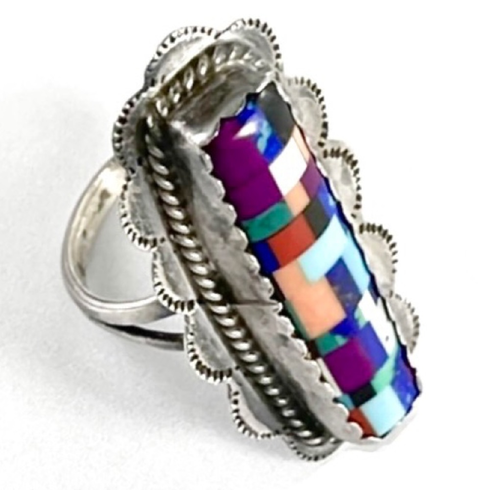 Zuni, Vintage Large Multi Gemstone Channel Inlay Ring